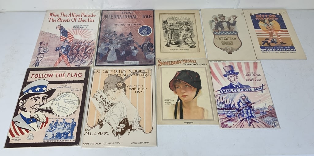 9 Pcs-War Ads, War Music Covers, Ladies Music: some with light wear, mounted on cardboard