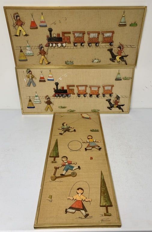 lot of 3 Anri Framed Wooden Pictures: two of them have a name that looks like Destin at the bottom edge, light wear on frames