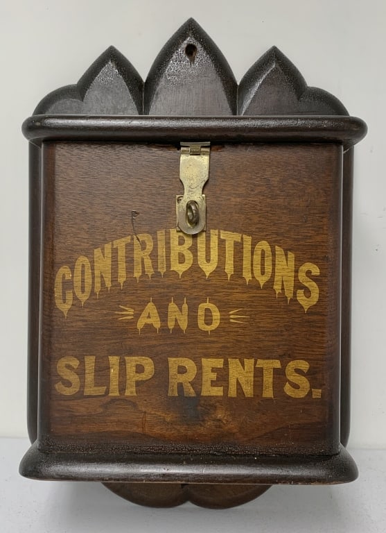 Wooden Contributions & Rent Box: latch is bent, some of the wood is chipped away near the latch, some scratches on the front of the box