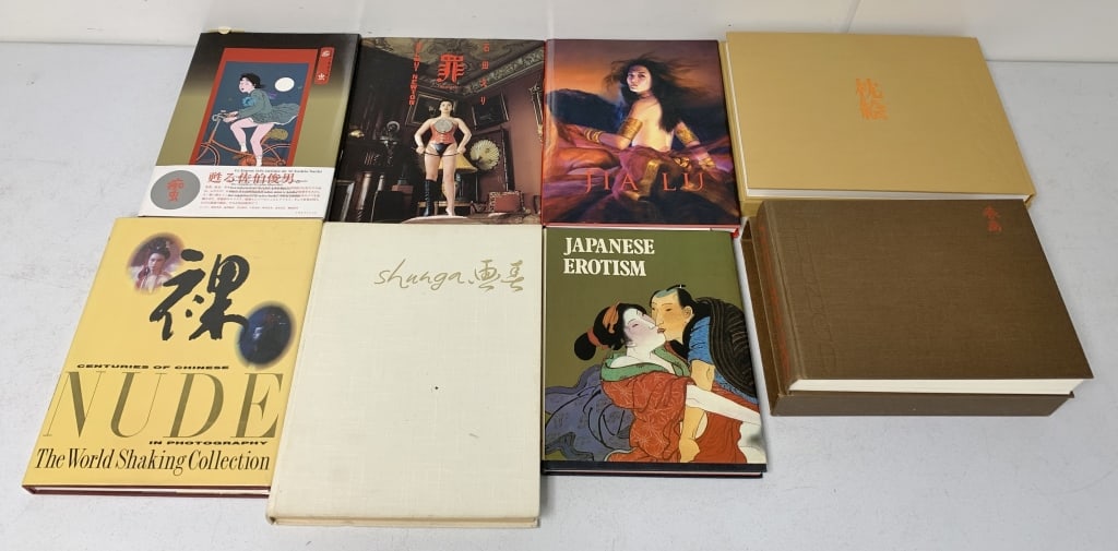 lot of 8 Japanese & Chinese Erotic Art Books: Shunga Books, Helmut Newton, Toshio Saeki, some have box sleeves for the books, good conditions