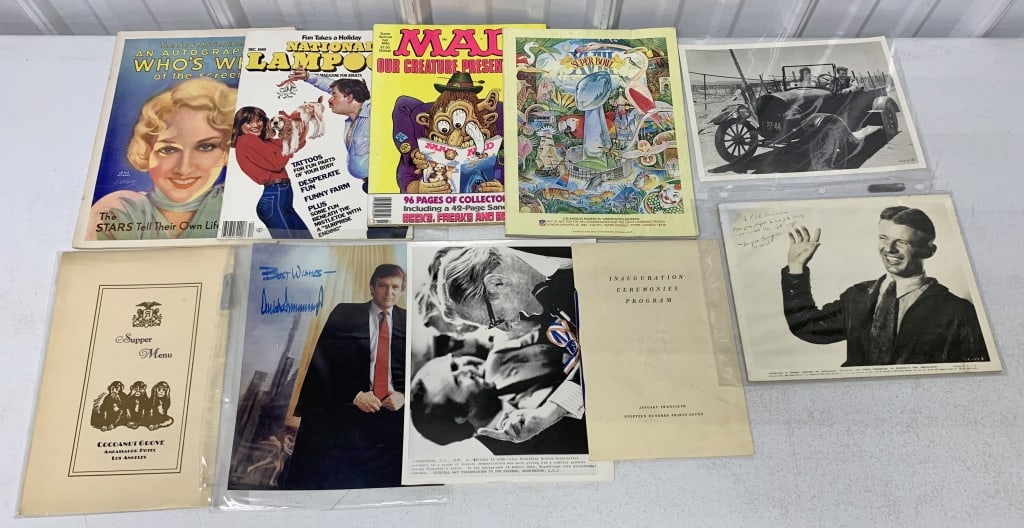 10 pcs- Signed Donald Trump, 1937 Inaugration: Trump autograph does not have a certificate of authenticity, 8" X 10" glossy Hollywood stock photos, National Lampoon, Mad magazine, others