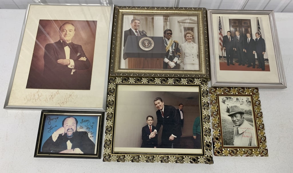 6 pcs- Ronald Reagan, Bob Hope, Pictures: Bob Hope, Dom Deluise, Rex Harrison are autographed but none of them have any certificates of authenticity, Reagan phots are unsigned