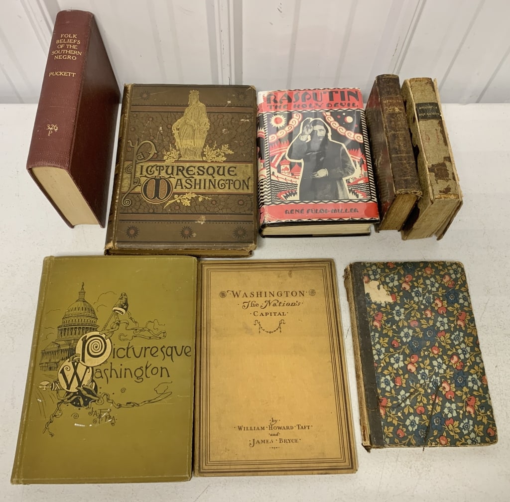 8 Books-Andrew Jackson, Washington, others: Andrew Jackson is memoirs & History and they are dated 1825 & 1828, history has detatched cover, pages are brown and delicate, L'Odalisque is 1928 has torn binding and cover, wear and age on pages, Wa