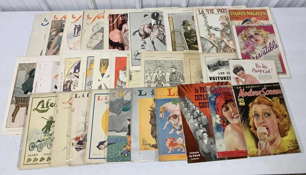 30+ pcs- French Pin-Ups, Life Covers, others: pin-ups are from French magazines La Vie Parisienne & others, College Humor magazine covers, others, all have wear, some tears, age