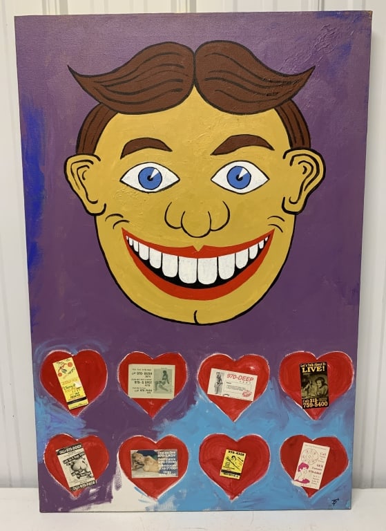 Erotica Funhouse Sideshow Painted Canvas: has sex advertisements and business cards on the bottom, 24" X 36"