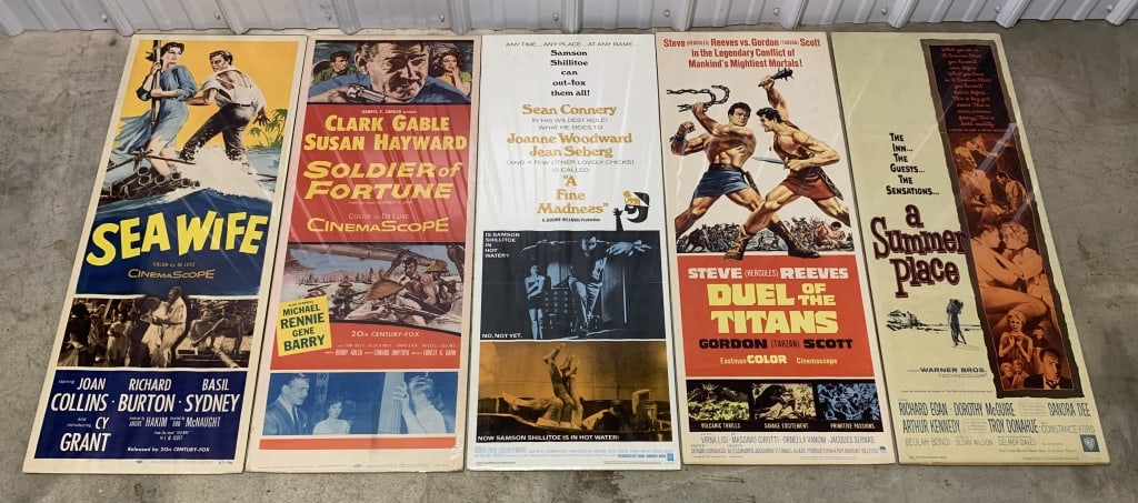 5 Vintage Movie Posters Sea Wife & others: 14" X 36", aFine Madness, Soldier of Fortune, A Summer Place, Duel of the Titans, posters have folds and creases