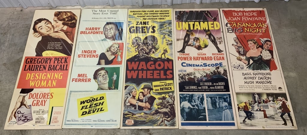 5 Vintage Movie Posters Untamed, & others: 14" X 36", Wagon Wheels, Casanova's Big Night has some tears at the top edge, Untamed has a tear on the right hand side, The World The Flesh and the Devil, Designing Woman, posters have folds and crea