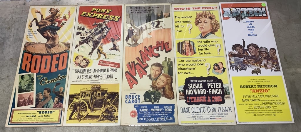 5 Vintage Movie Posters Anzio, Rodeo & others: 14" X 36", have folds and creases, numbering on the bottom right hand corner, I Thank A Fool, Pony Express, Avalanche, Rodeo has a piece out of the right edge