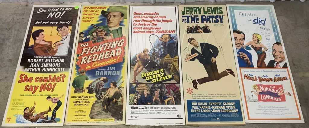 5 Vintage Movie Posters The Patsy & others: 14" X 36", have folds and creases, numbering on the bottom right hand corner, The Notorious Landlady, Tarzan's Deadly Silence, The Fighting Redhead, She Couldn't Say No