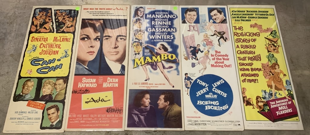 5 Vintage Movie Posters Mambo, Ava & others: 14" X 36", have folds and creases, numbering on the bottom right hand corner, The Amorous Adventures of Moll Flanders, Boeing Boeing, Can-Can