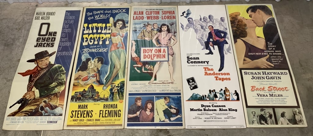 5 Vintage Movie Posters Back Street, Little Egypt: 14" X 36", have folds and creases, numbering on the bottom right hand corner, One Eyed Jacks, Boy on a Dolphin, The Anderson Tapes