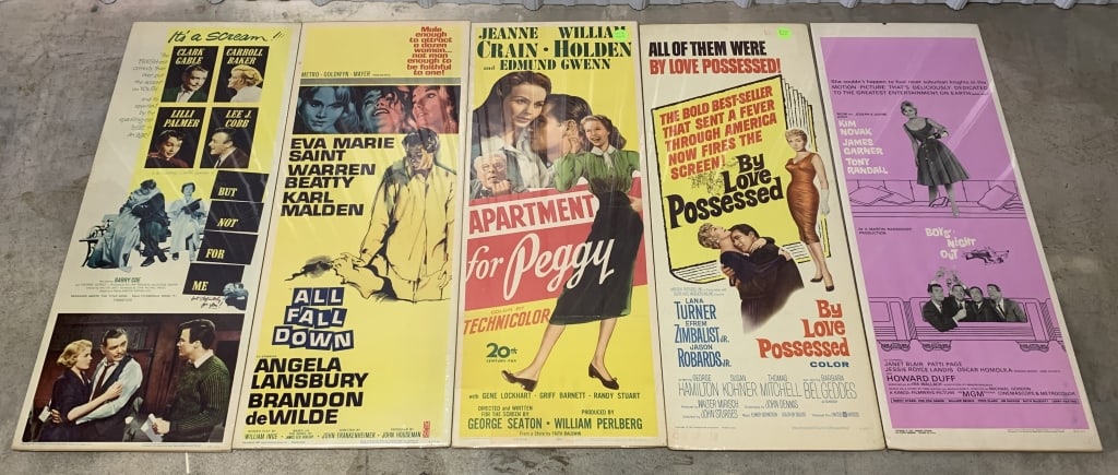 5 Vintage Movie Posters All Fall Down & others: 14" X 36", have folds and creases, numbering on the bottom right hand corner, But Not For Me, Apartment For Peggy, By Love Possessed, Boys Night Out