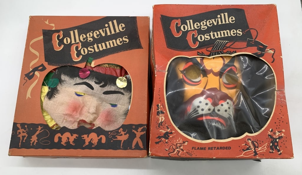 lot of 2 Vintage Collegeville Halloween Costumes: Lion has damaged box lid and is child's size small, Gypsy Girl is size large and does not have cellophane across the front window