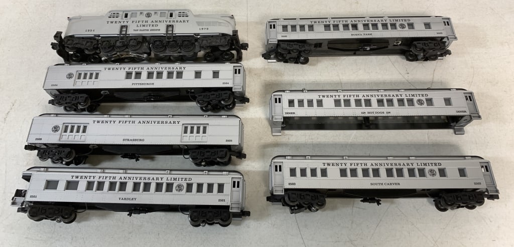 (7) 25th Anniversary TCA Train Cars w/ Boxes: one car is just a body without any chassis, may have never been used