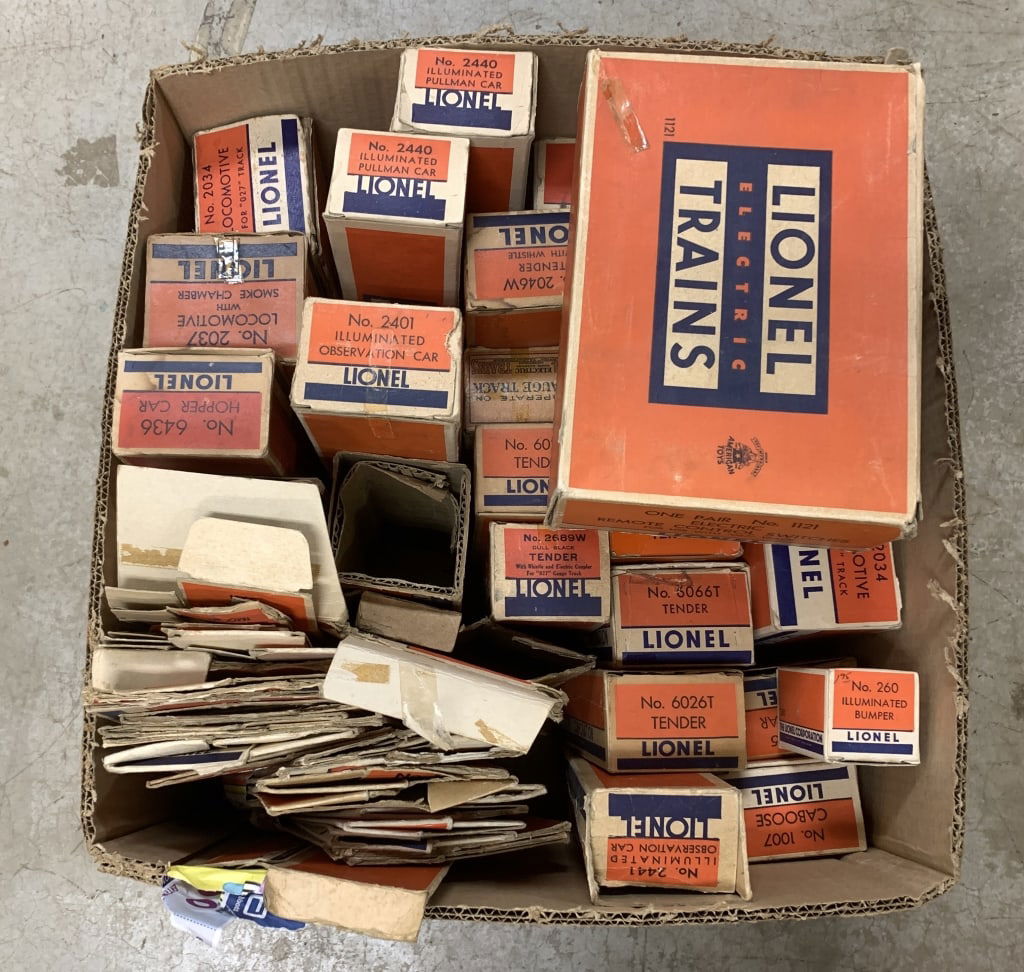 Box Full of Old Empty Lionel Train Boxes: use and wear, tears, missing flaps