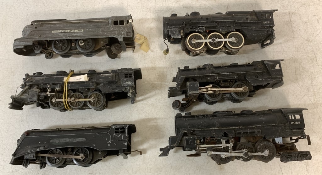 lot of 6 Lionel & Lionel JR Locomotive Engines: O gauge, lots of use and wear, lots of scratches, may or may not be complete, untested, some missing the front of the engine