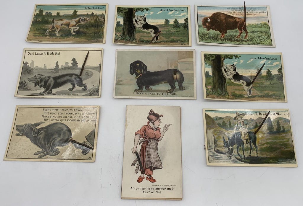 9 Spring Tail Post Cards,Most Schmidt Bros: 1911,1 spring rolling pin card,some writing