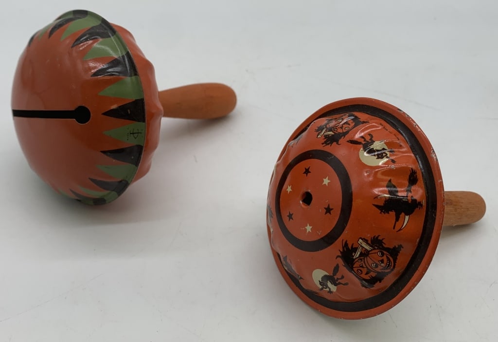 2 Metal Halloween Noise Makers,1 USA,1 UK: paint chipped,few dents