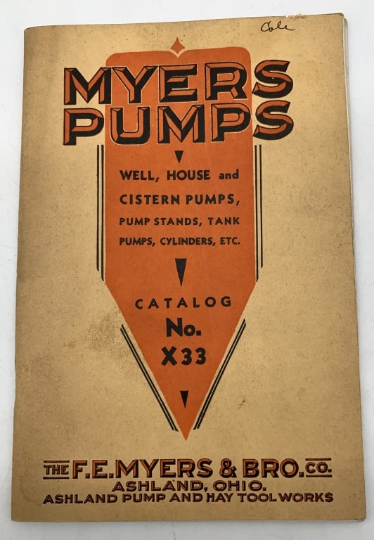 Myers Pumps Catalog #X33: cover discolored,writing in ink,slight tear