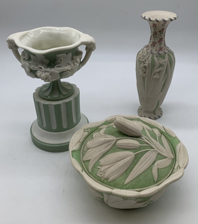 3 unmarked carrera or parian ware pieces: urn is missing grommet to hold tight on pedestal