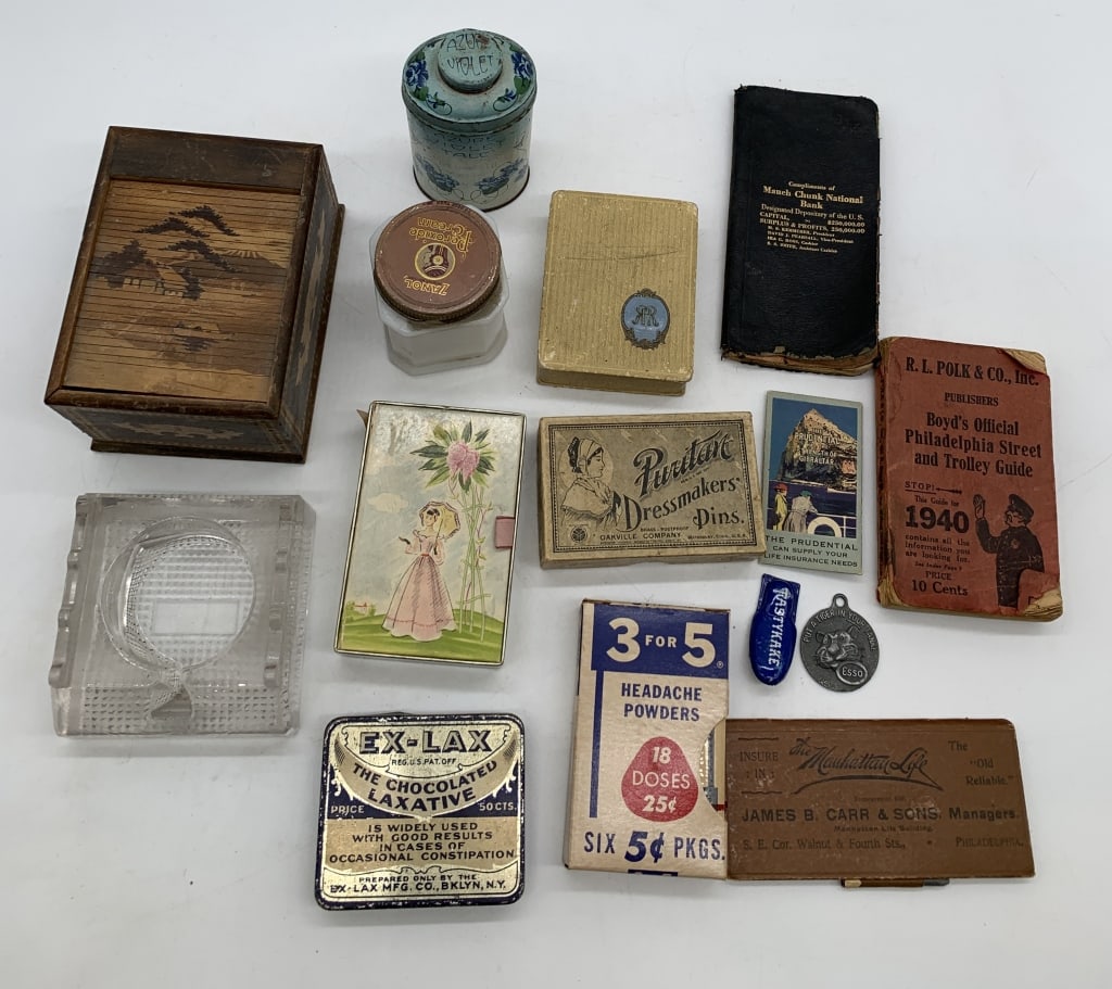 cigarette box, inkwell, adv. tins, boxes, ephemera: keychain, clicker etc. see photos for name brands and condtions