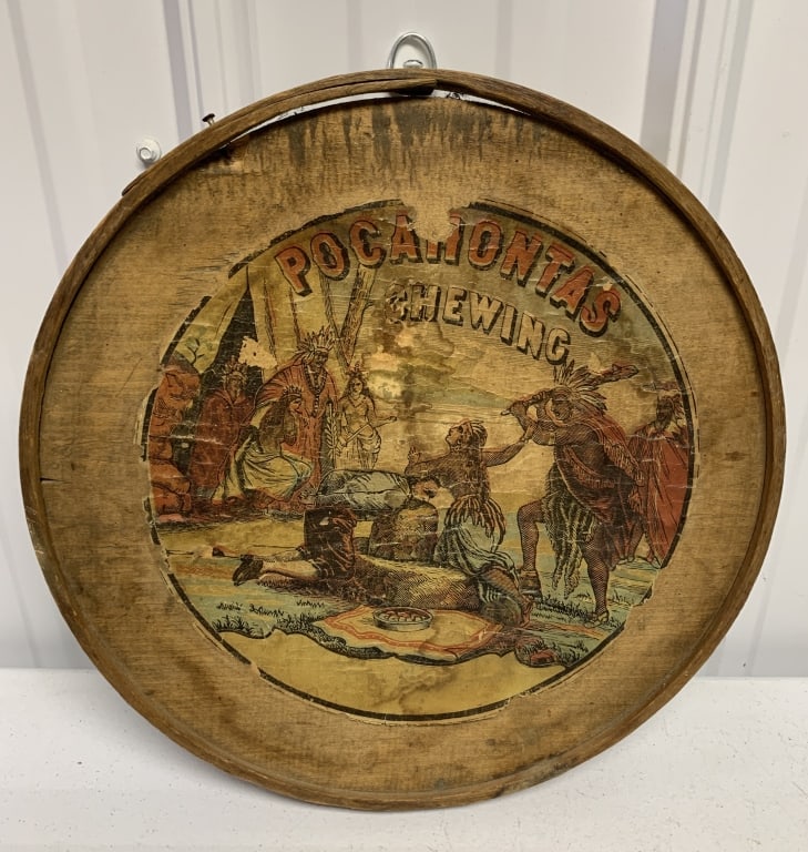 Pocahontas Chewing tobacco label on wood lid: label is peeling, torn and stained, wood lid has staining, splits and a chunk missing