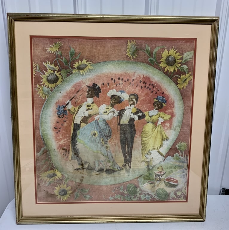 framed black Americana litho on fabric: 27 1/2" tall x 26" wide; there is fading to litho and there are also stains present