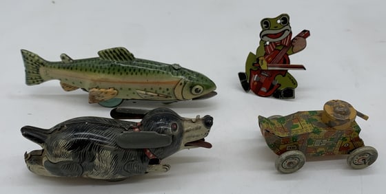 4 tin litho toys; 3 Japanese 1 German
