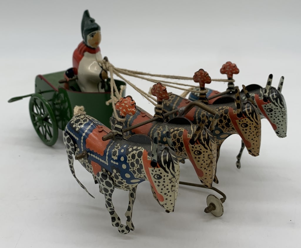 Tin Wind Up TW Chariot Toy: untested, some discoloring on lithos of horses, pretty good condition