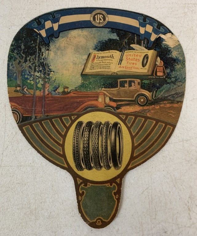 United States Tires advertisng hand fan: has some paper loss to front and back, tear on the side and soiling and stains as shown