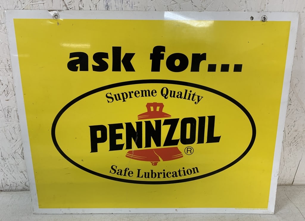 Ask For Pennzoil double sided sign: has scratches and paint loss as shown; Stout Industries sign