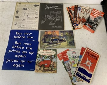 road maps, tire sales signs, stamp book