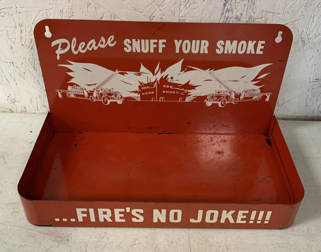 wall mount cigarette butt disposal tray: has firetruck design; some scratches and paint loss