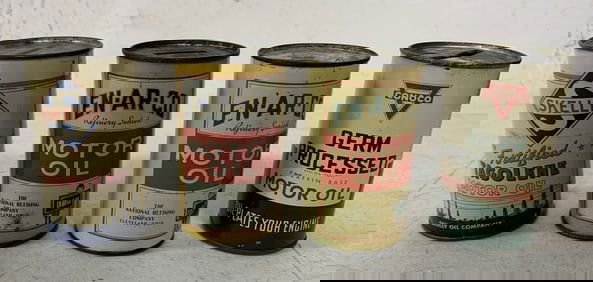 4 small motor oil adv. tin can banks