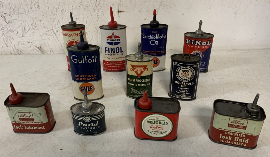 11 oiler cans and lock fluid tins; includes Conoco (1 of 7)