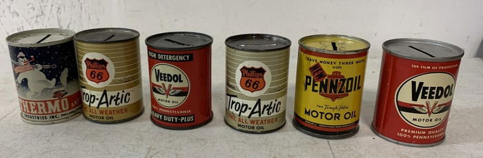6 tin adv. banks ; Veedol, Pennzoil, Thermo, etc.