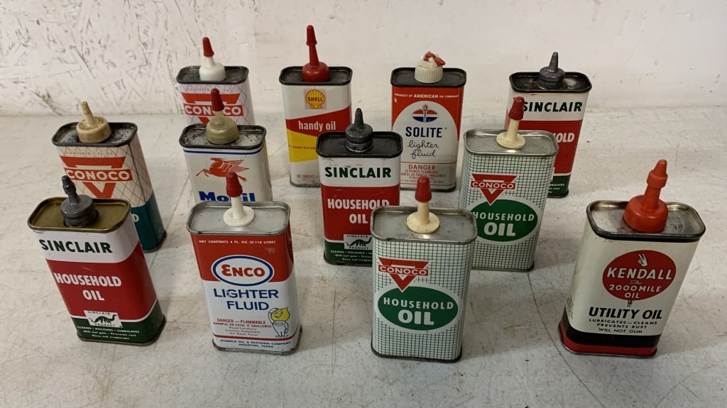 12 oiler & lighter fluid tins; Conoco, Sinclair, e (1 of 7)