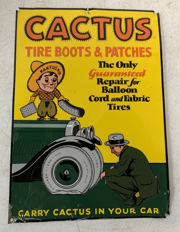 Cactus Tire Boots & Patches tin sign: has scratches and bends, damage at corners
