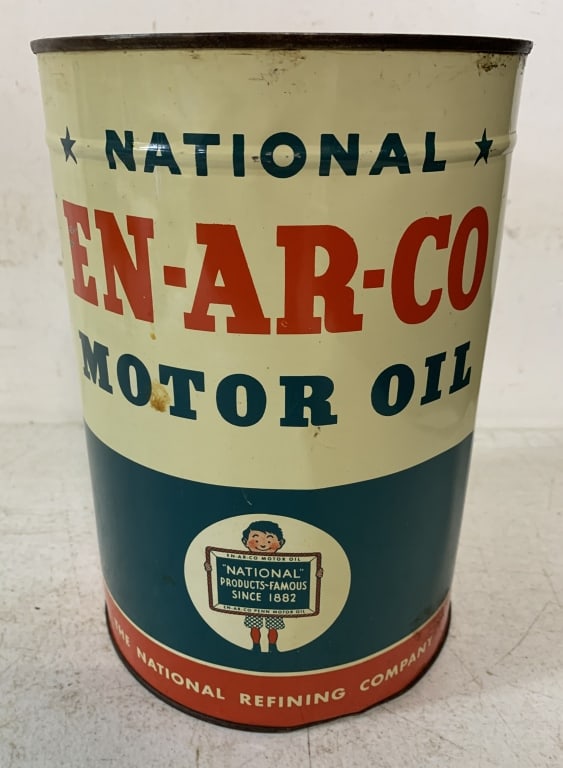 National EN-AR-CO Motor Oil 5 qt. can: has scratches and dings; holes punched in bottom; rust on lid