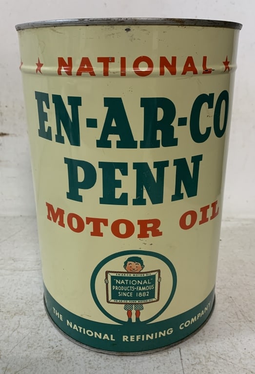 National EN-AR-CO PENN Motor Oil 5 qt. can: has scratches and dents; holes punched in top, rust on bottom