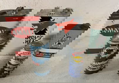 5 assorted adv. oil cans