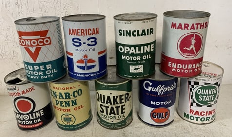 9 empty metal qt. oil cans; Conoco, Marathon etc