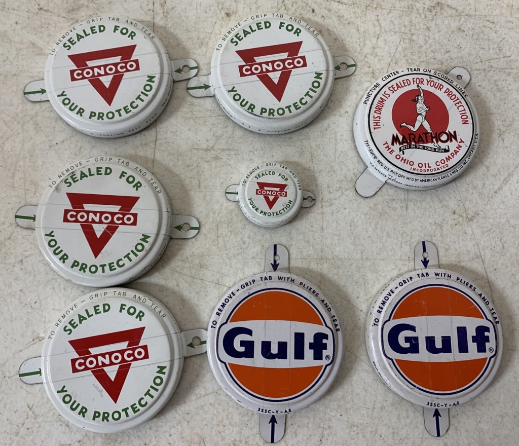 8 unused oil bottle caps; Marathon, Conoco, Gulf: some scratches and wear
