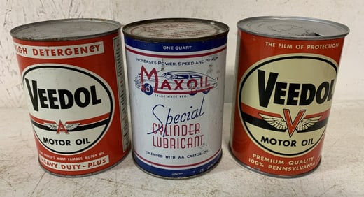 3 empty Veedol and Maxoil qt. oil cans