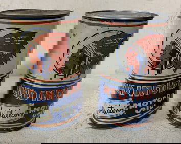 2 Red Indian Aviation Motor Oil Imperial Qt. cans