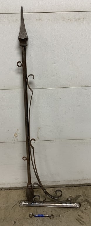 ornate metal wall mount sign hanger: 59" long x 21" wall mount; appears to have been blasted, but raw metal showing rust; has two extender pieces to hang sign