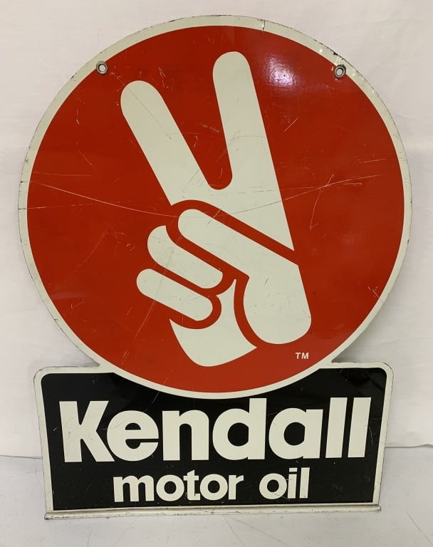 Kendall motor oil double sided sign: has scratches to paint as well as dings and bends