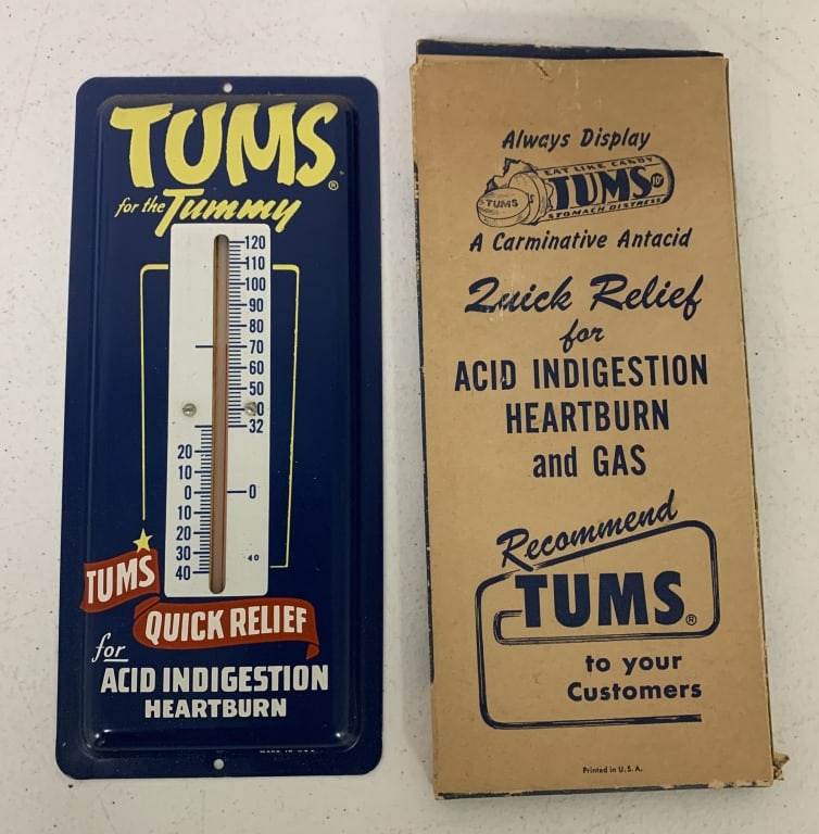 Tums for the Tummy adv. thermometer w/box: box has wear with some stains and the flaps are tearing loose