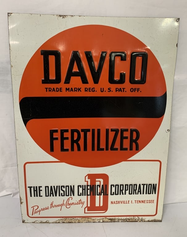 Davco Fertilizer metal sign: 19 3/4" x 27 7/8"; has scratches, dings and rust as shown