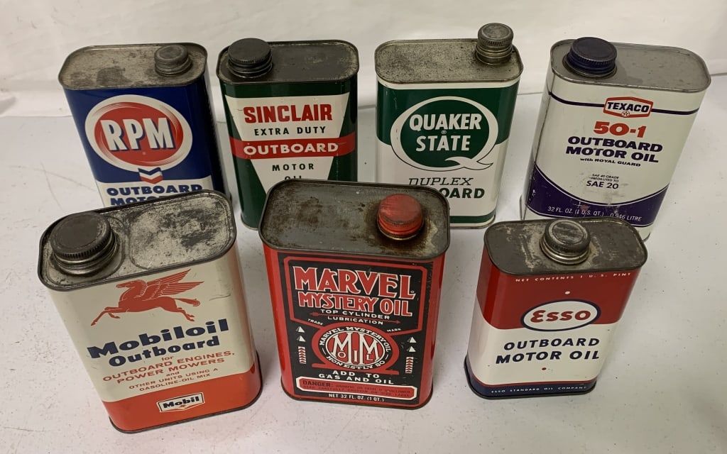 7 mostly Outboard Motor Oil tins (1 of 13)